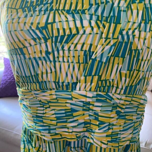 Gianni Bini One Shoulder Dress Yellow Turquoise White Pleated High Waist Sz L - Picture 3 of 6